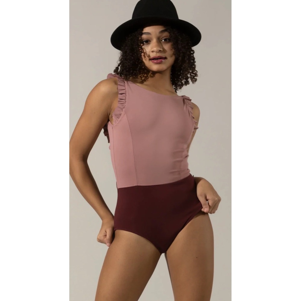 Tiger Friday Siren Leotard Merlot Pink Ruffle V-Back Dance Bodysuit AXS